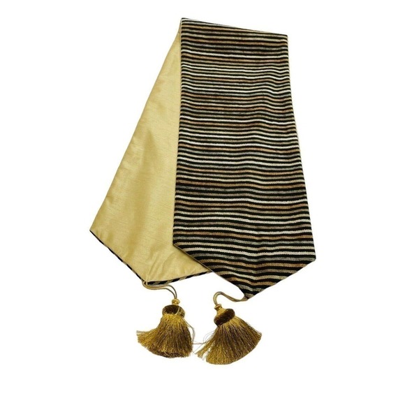 Reversible Silk Shantung Velour Stripe Table Runner 11x58 Gold Beige Black Fall - Picture 1 of 3